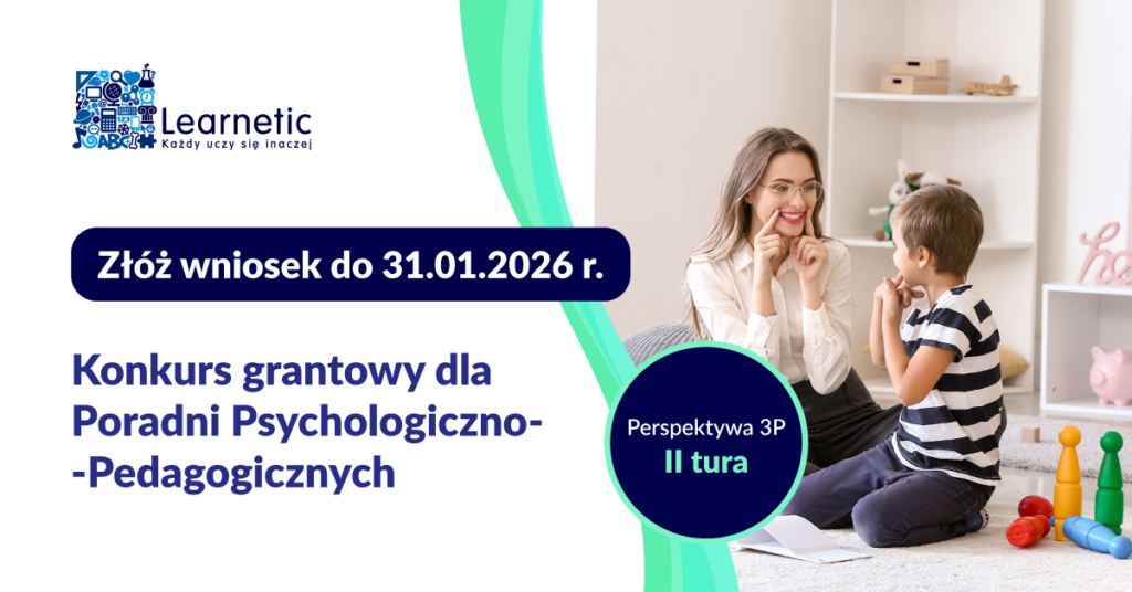 Na banerze znajduje się grafika, która przedstawia kobietę, logopedę oraz dziecko w gabinecie podczas terapii. Dodatkowo zostały na niej mieszczone teksty promujące II turę konkursu grantowego dla poradni psychologiczno-pedagogicznych