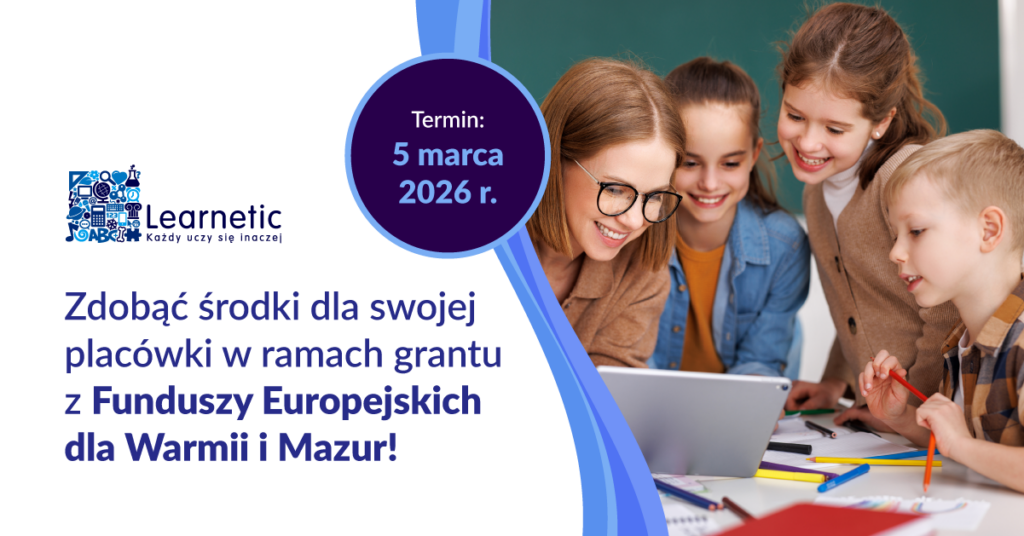 Na banerze po prawej stronie znajduje się zdjęcie nauczycielki z uczniami, którzy przeglądają zadanie na laptopie. Po lewej stronie na białym tle znajdują się napisy reklamujące dofinansowanie z funduszy europejskich dla szkół z Warmii i Mazur.