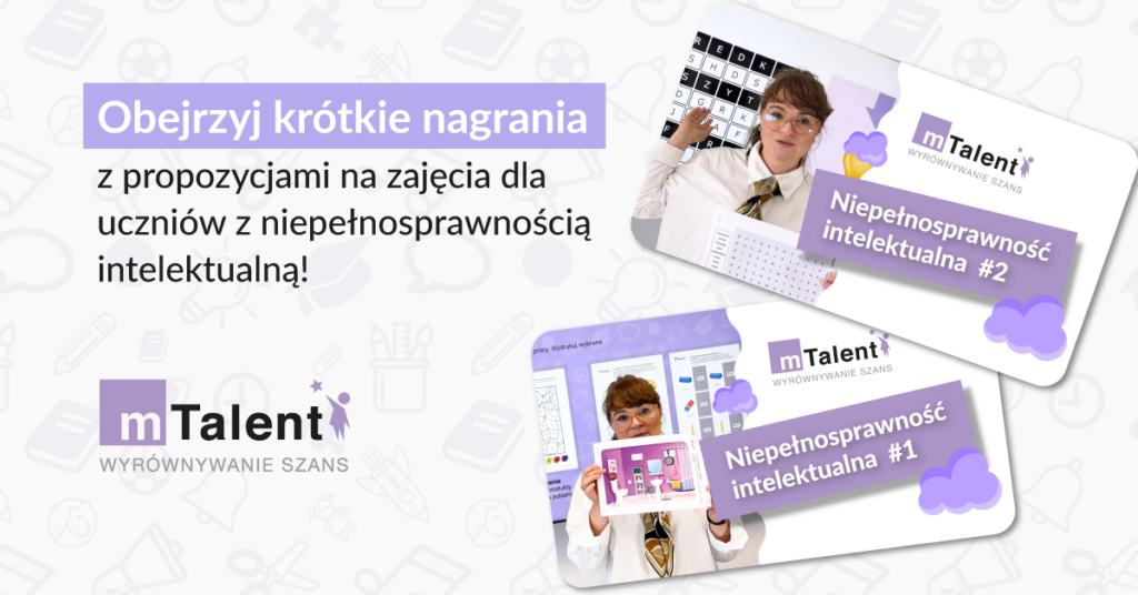 Na grafice znajdują się dwa kadry przedstawiające kobietę w białej bluzce i okularach, która prezentuje materiały do edukacji specjalnej. Dodatkowo na banerze umieszczono teksty zachęcające do obejrzenia filmików z propozycjami zajęć z zakresu edukacji specjalnej.