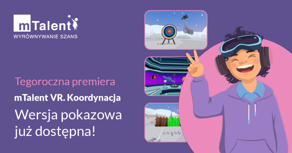 Ekran tabletu z uruchomionym programem mTalent VR koordynacja, wyświetlający kolorowe, angażujące ćwiczenia wspierające koordynację wzrokowo-ruchową. Obok urządzenia widoczny jest wyraźny napis zachęcający nauczycieli i terapeutów do odebrania darmowej wersji demo.