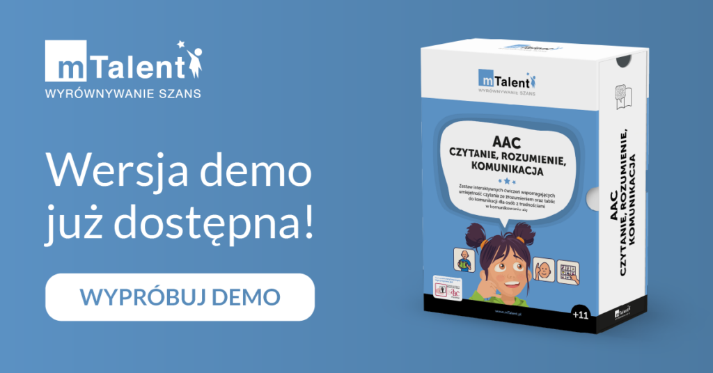 Program mTalent AAC Czytanie, rozumienie, komunikacja z tablicami komunikacyjnymi, piktogramami i symbolami do nauki czytania. W tle estetyczna grafika z zaproszeniem do testowania darmowej wersji demonstracyjnej.