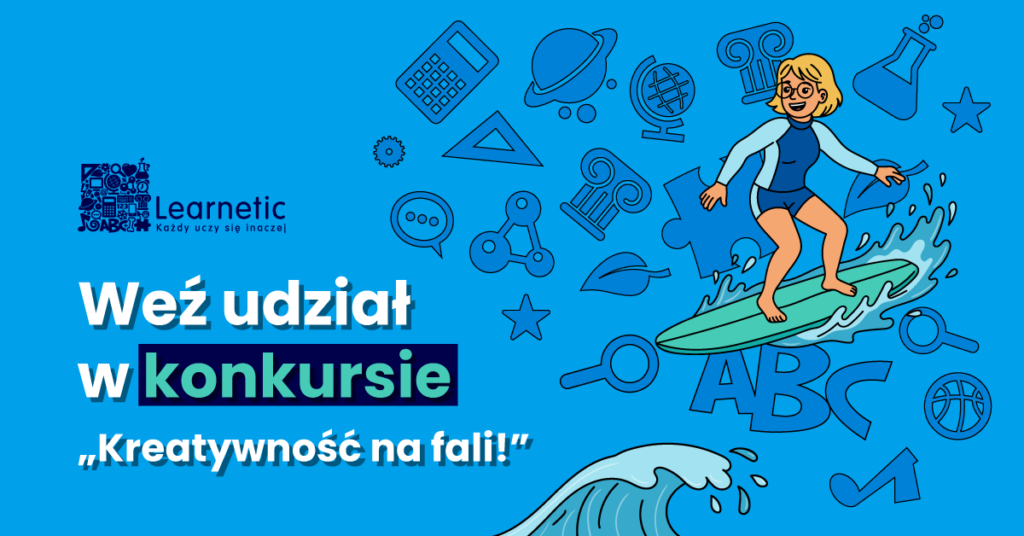 konkurs learnetic kreatywność na fali na grafice widać nauczycielkę która surfuje na desce wokółł przyborów edukacyjnych jak globus, linijka, nutka które są symbolami z logo learnetic